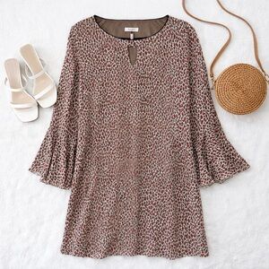 Freebird Leopard Print Shift Dress Size Large Bell Sleeve Keyhole Mini Tunic